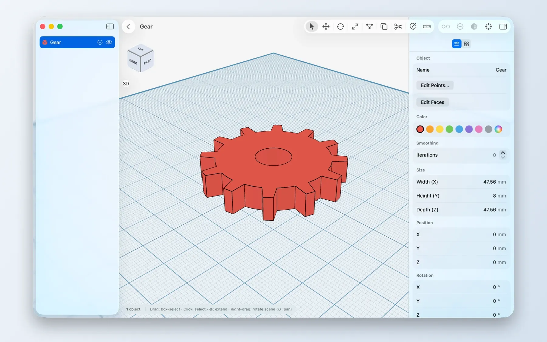 A gear built from primitive shapes on the Shapely 3D workplane, on Mac