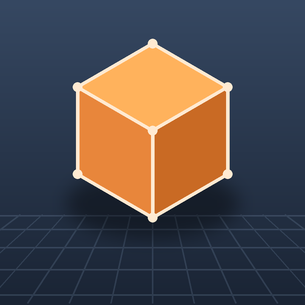 The Shapely 3D app icon: an orange cube on a dark blueprint grid