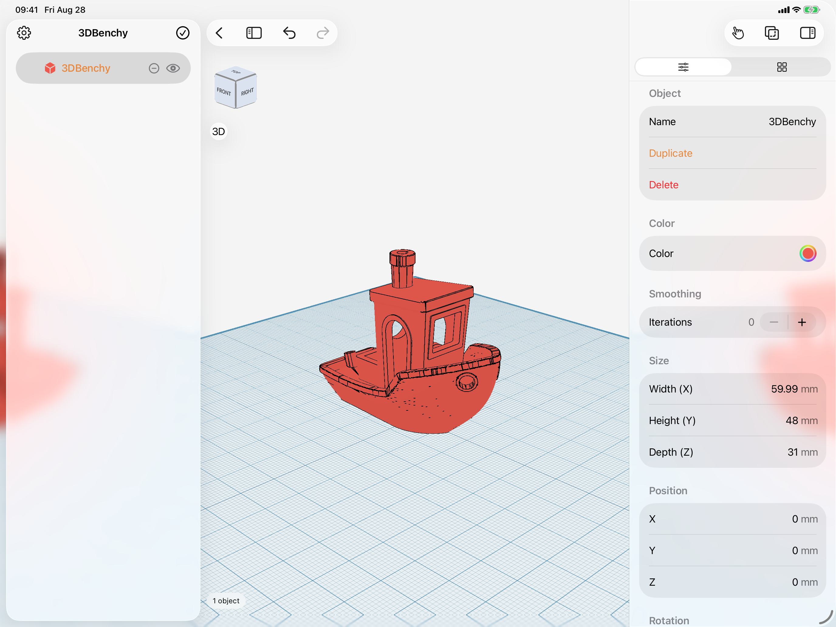 Shapely 3D on iPad: an imported 3DBenchy selected, with the inspector showing its exact size