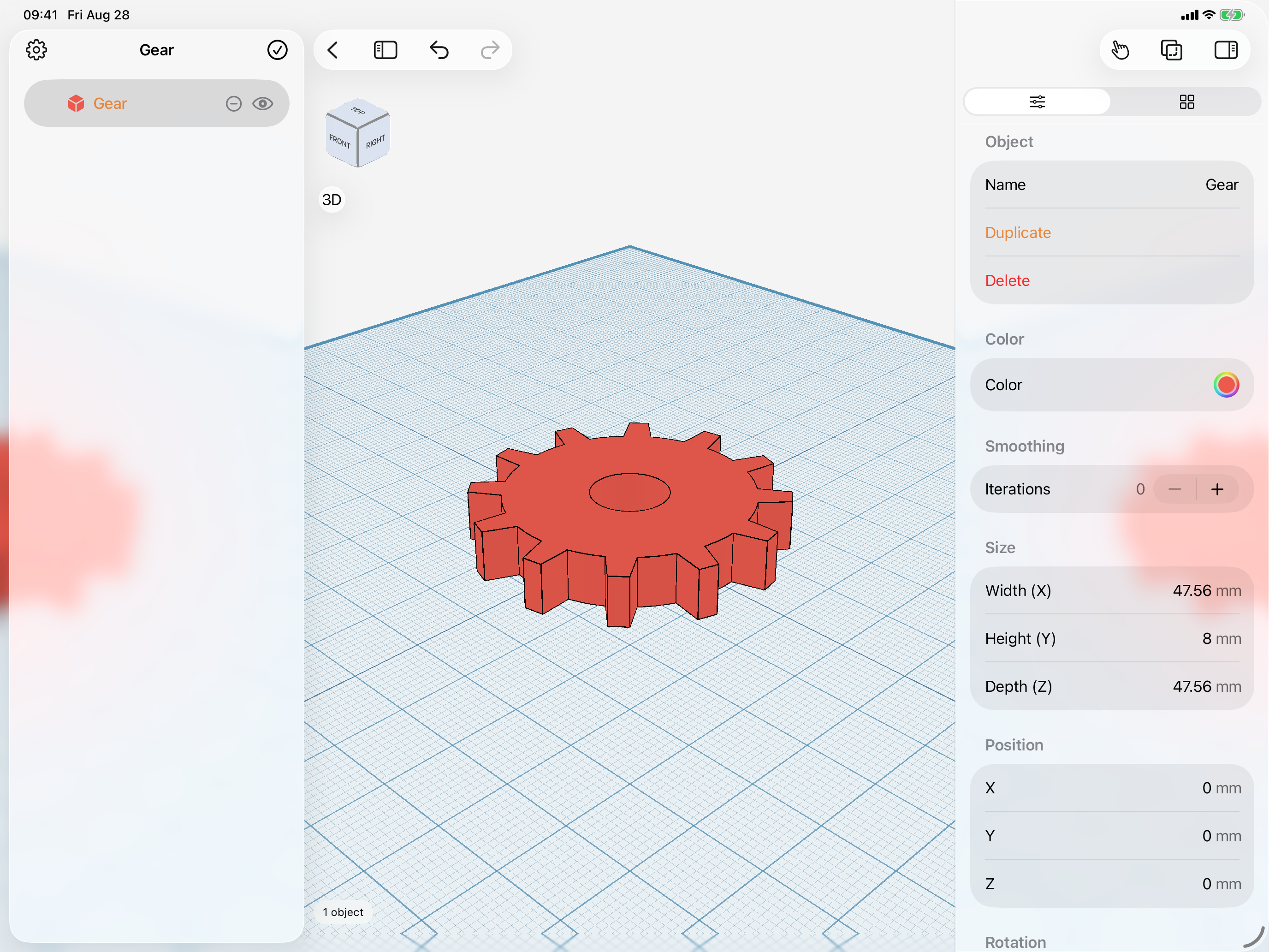 Shapely 3D on iPad: an imported twelve-tooth gear with a bore, framed on the workplane