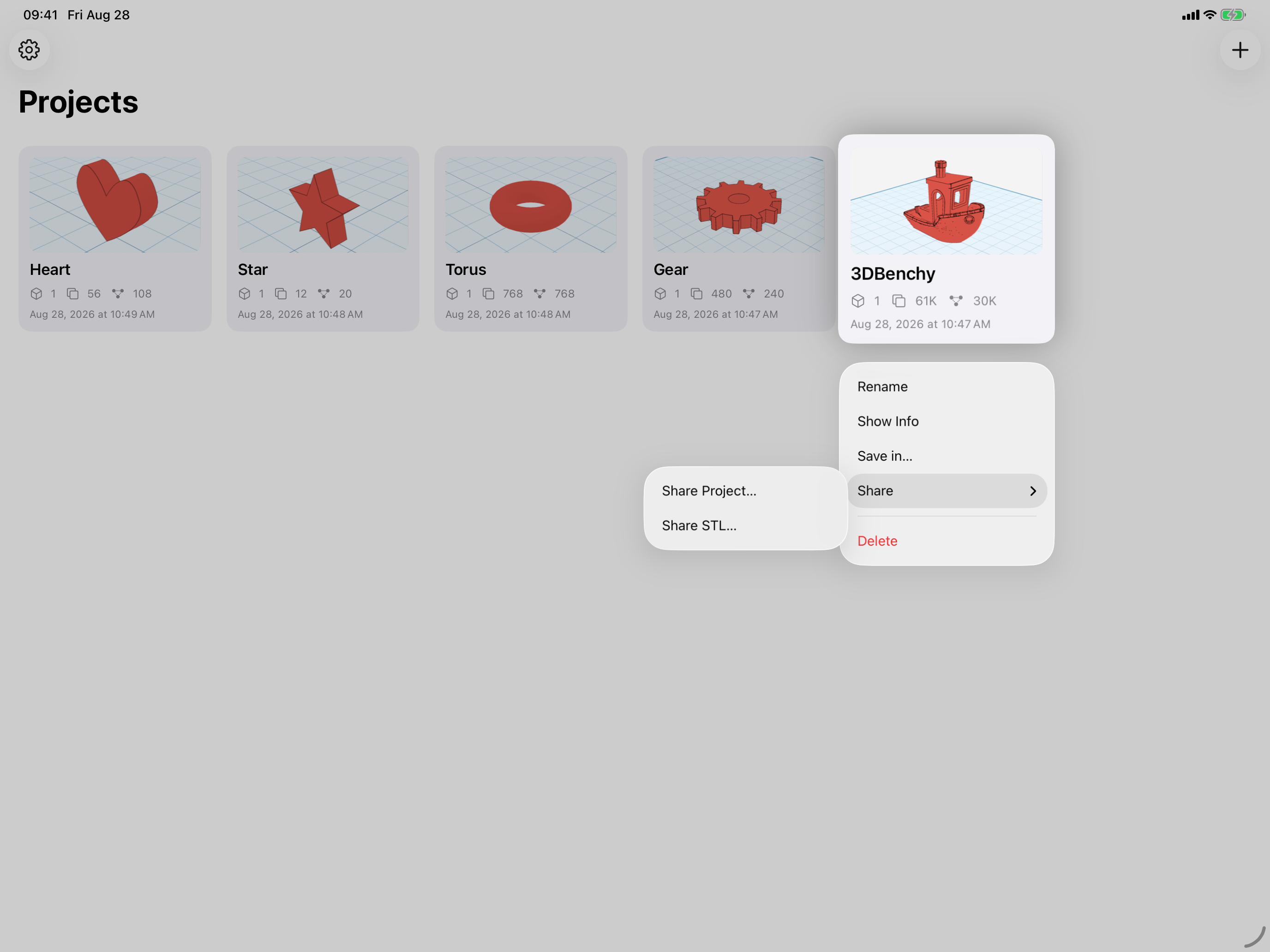 Shapely 3D on iPad: the projects home, sharing a project as STL from a card