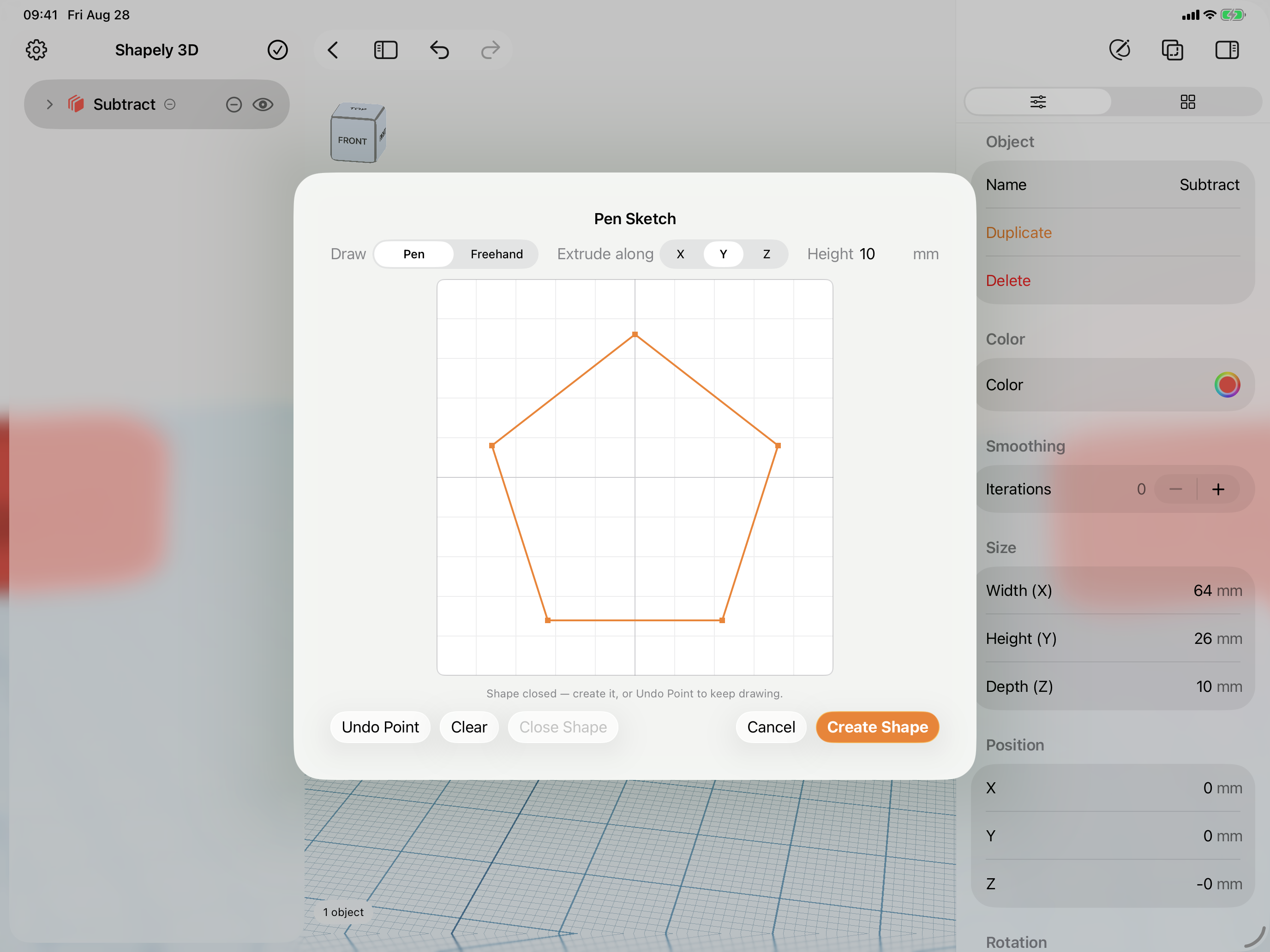 Shapely 3D on iPad: the pen sketch sheet, outline closed and ready to extrude