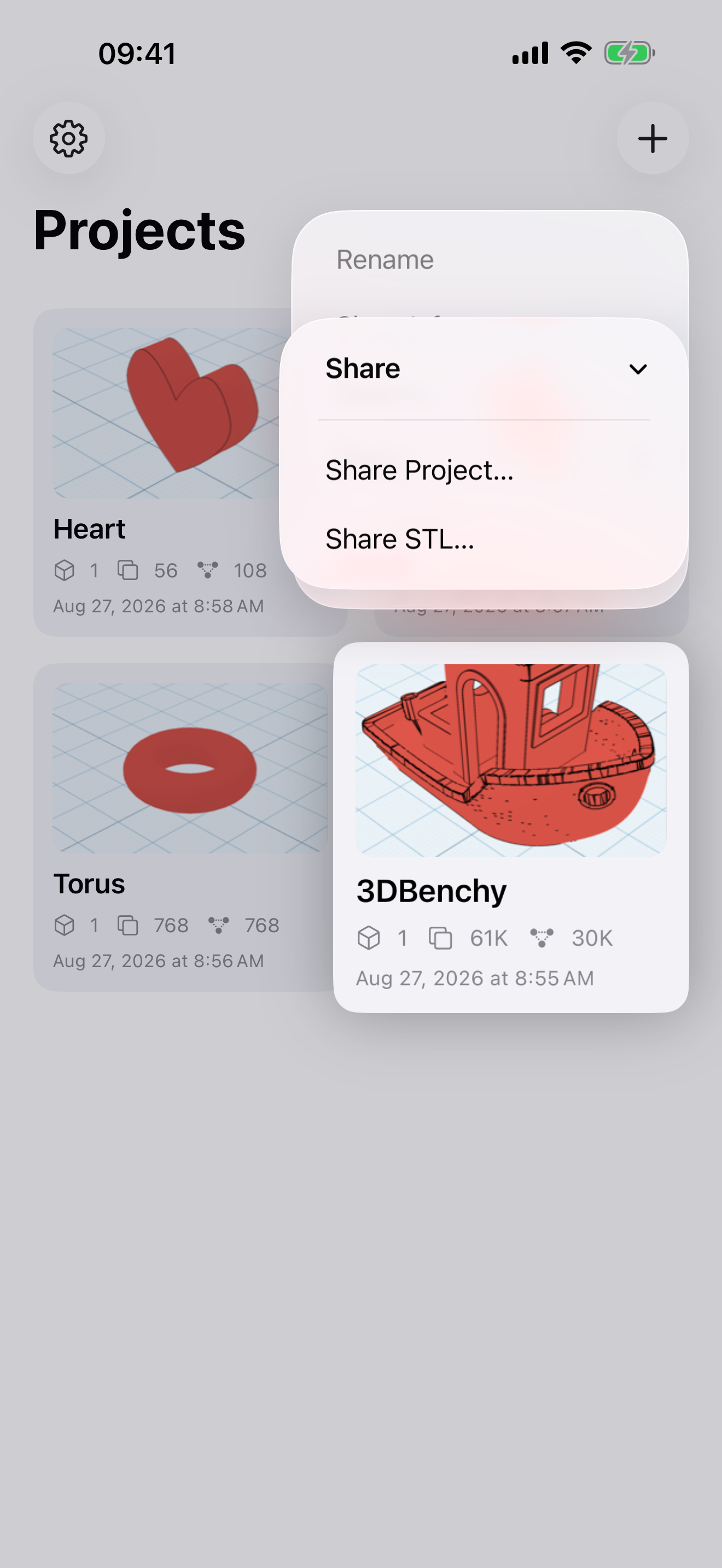Shapely 3D on iPhone: the projects home, sharing a project as STL from a card