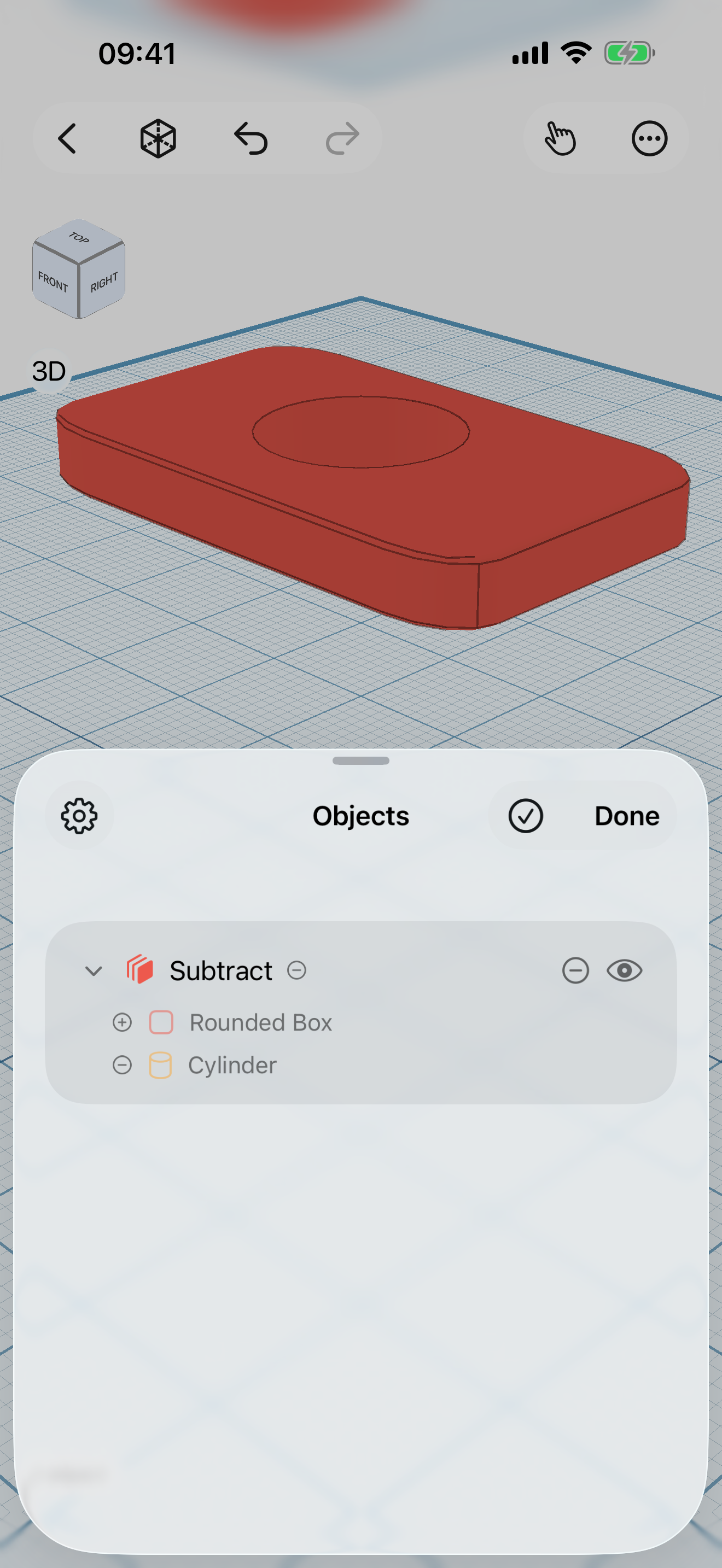 Shapely 3D on iPhone: a bored plate, its subtract operands still listed and badged beneath it