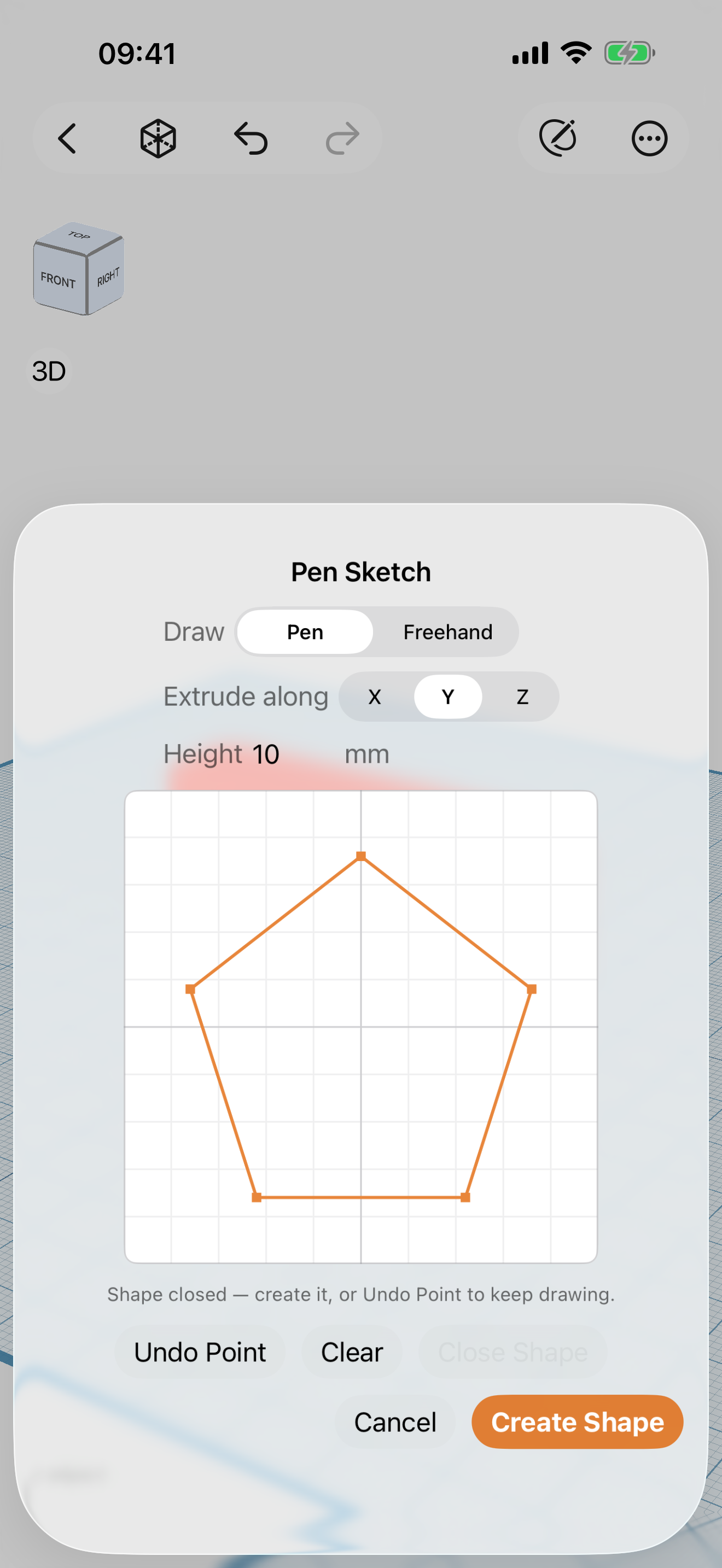 Shapely 3D on iPhone: the pen sketch sheet, outline closed and ready to extrude