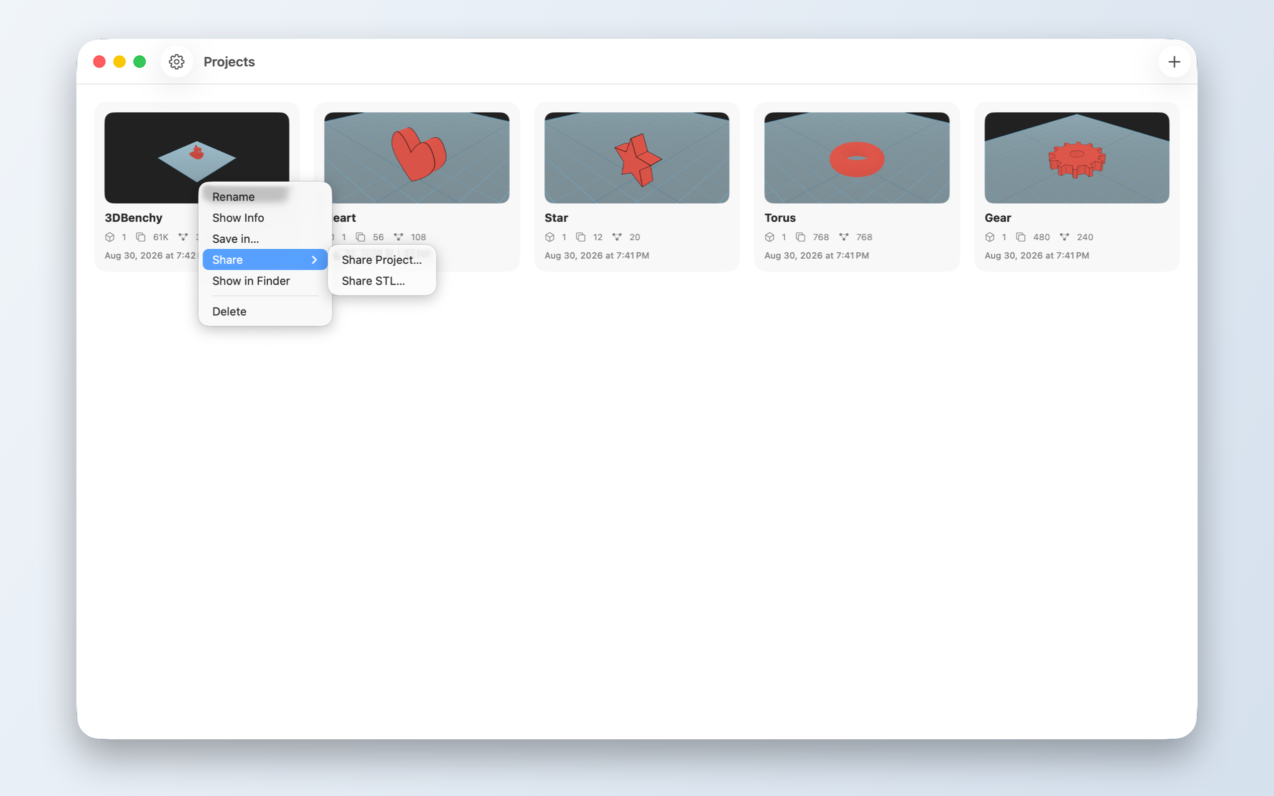Shapely 3D on macOS: the projects home, sharing a project as STL from a card