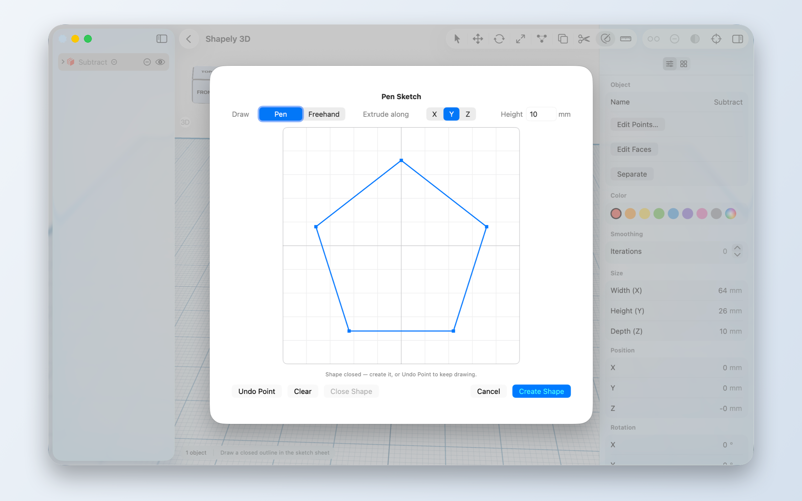 Shapely 3D on macOS: the pen sketch sheet, outline closed and ready to extrude